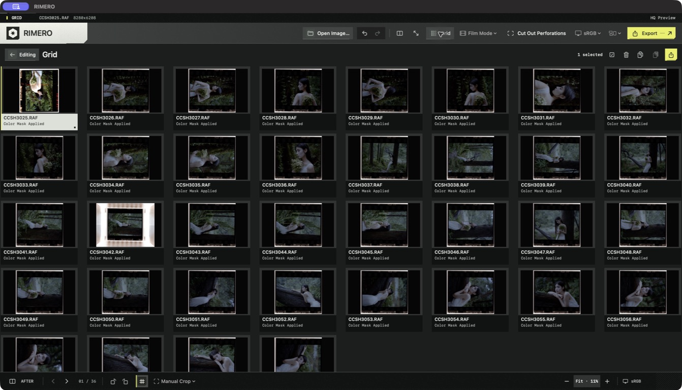The full RIMERO Gallery window showing the photographs from one roll in a grid.