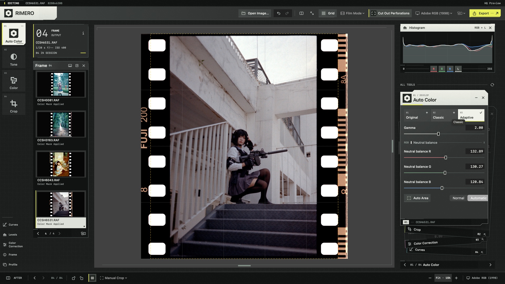 The full RIMERO Roll workspace with frame 04 in the viewer, four frames listed at left, and Auto Color controls open at right.